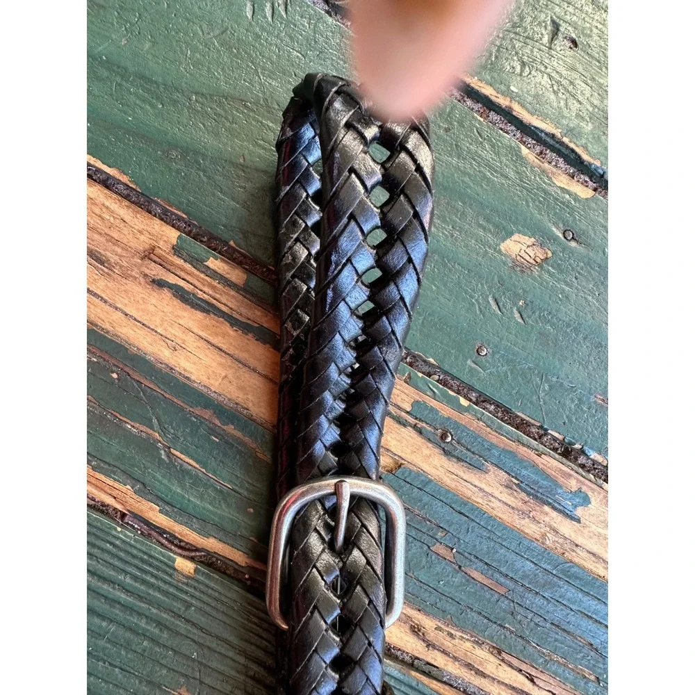Black Braided Leather Belt Silver Buckle Woven Strap RN130275 Size Small